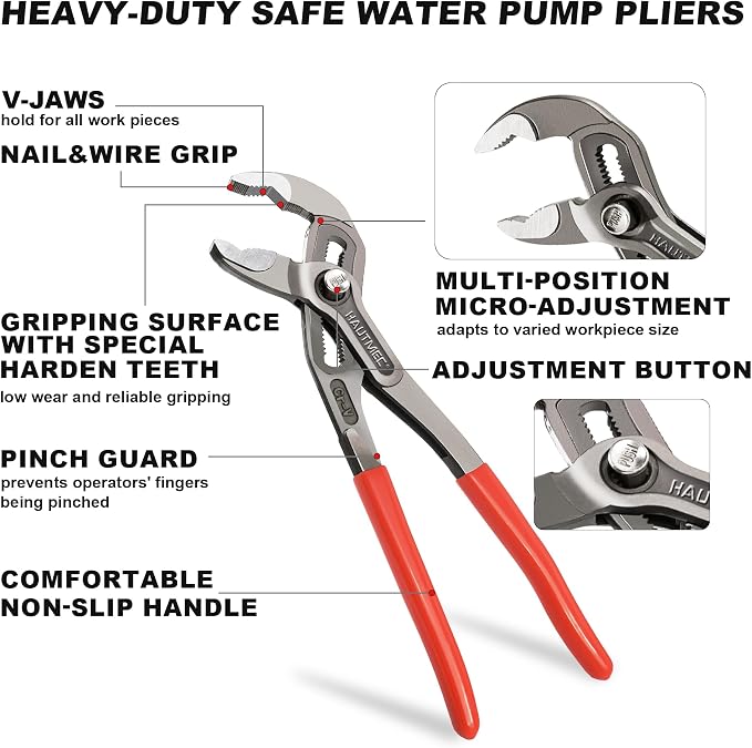 HAUTMEC 12-Inch Water Pump Pliers, Fast Adjustable Tongue and Groove Joint Pliers, V-Jaw with Comfort Grips, Rust-Proof CRV Steel Construction for Plumbing, Home Repair, and Pipe Fittings HT0368-PL