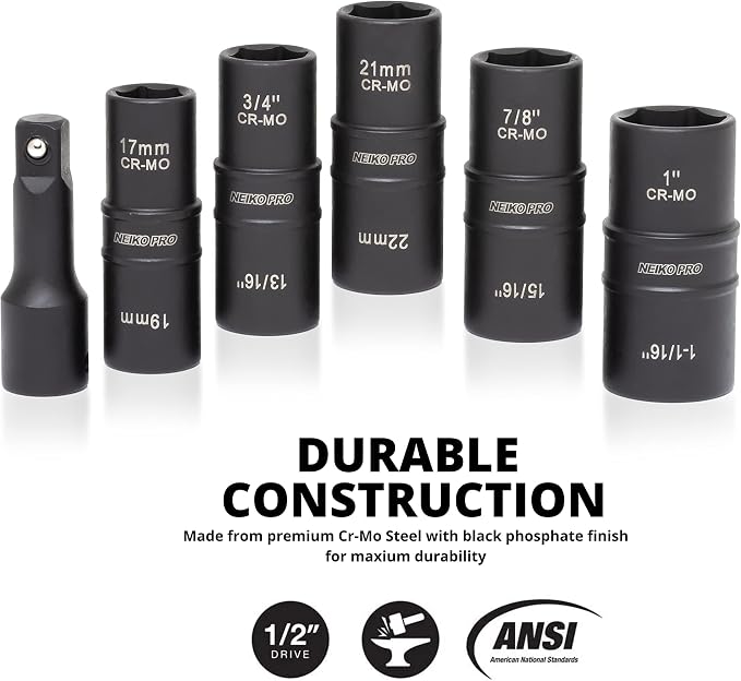 NEIKO 02287B 6-Pc 1/2-Inch-Drive Impact Socket Set, 10 SAE & Metric Sizes, Thin Wall Wheel Lug Nut Socket Set, Cr-Mo, 3-Inch Extension Bar, 6-Point, 19 & 21mm Sockets