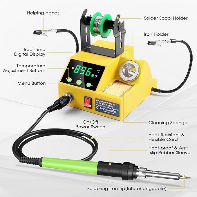 Soldering Station, 100W Digital Display Soldering Iron Station Kit with 2 Helping Hands, 356°F - 896°F, Auto Sleep, °C/°F Conversion, Solder Wire, Tips, Stand, Pump, Tweezers, Tip Cleaner, Yellow