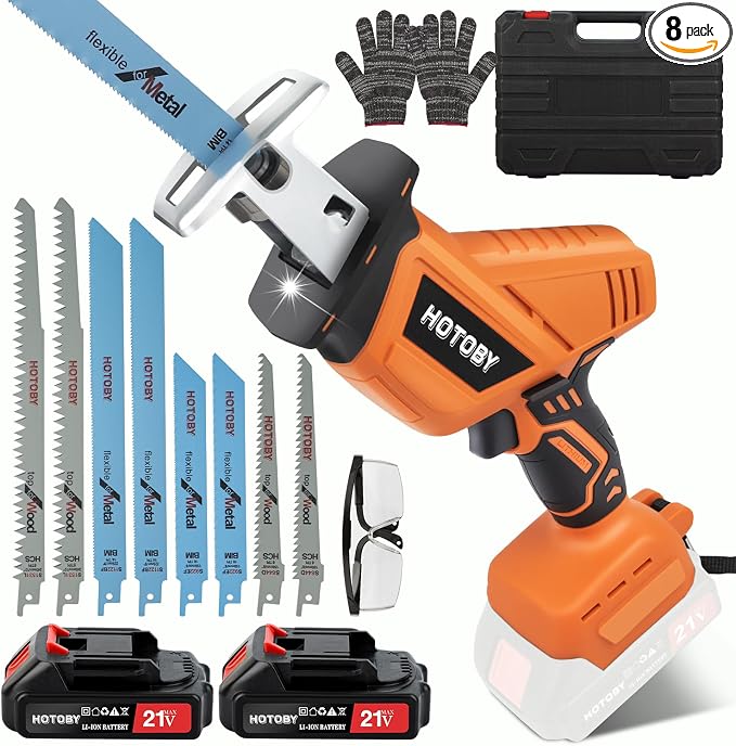 Reciprocating Saw, Cordless, Electric Reciprocating Saw with 2 Batteries, Includeds 8 Blades Kit, Tool-free Blade Change, Variable Speed, Multi-Purpose, For DIY Wood Metal PVC Cutting (Orange)