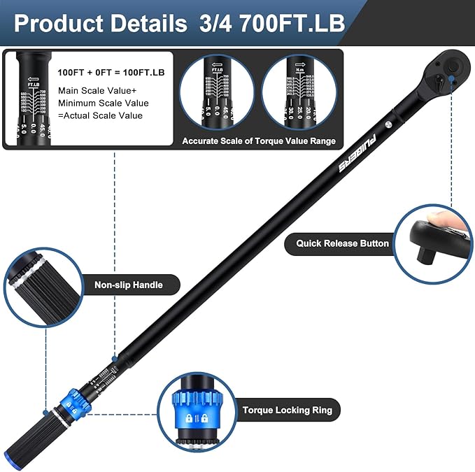 High Torque Wrench 3/4 Inch 100-700 ft, 3/4 Torque Wrench for Car, Truck, Tractor, Accuracy ± 3% Two Directions Adjustable 48 Teeth Precision Instruments Wrenches