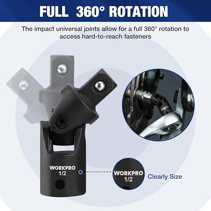 WORKPRO 9-Piece Impact Socket Extension Set, 1/4", 3/8" & 1/2" Drive, CR-V | 3/8" Drive Extension Bar Set, Universal Joints and Adapters, Black Phosphate Finish