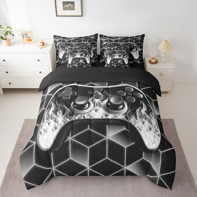 Gaming Consoles Comforter Set 7 Piece Bed in a Bag Twin,Neon Geometric Bedding Set,3D Geometric Gamer Comforter and Sheet Set Grey Flame Bed Set,Gamer Decor for Boys Bedroom Gamer Gifts