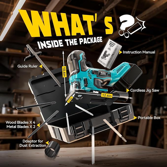 Ecarke Cordless Jig Saw Compatible With Makita 18V Battery, Brushless Motor 3800RPM, 7 Speeds Dial Control, Free-Tool ±45° Bevel Cuts, 4 Orbital Action, Dust Blows and 6 Blades For Cutting, Tool Only
