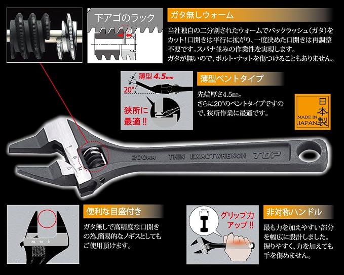 TOP HT-200B Thin Exact Wrench, Vent Type, Tip 0.18 inches (4.5 mm), 20° Angle, Mouth Opening 0 - 0.9 inches (0 - 24 mm), Tsubamesanjo, Made in Japan