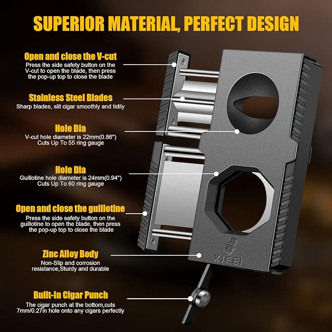 XIFEI Cigar Cutter V-Cut Guillotine 3 in 1 Straight Cut V Cutter with Cigar Punch Stainless Steel Blade Ergonomic Design Secure-Lock Cigar Clipper,Cuts Up to 60 Ring Gauge Cigars (Black)