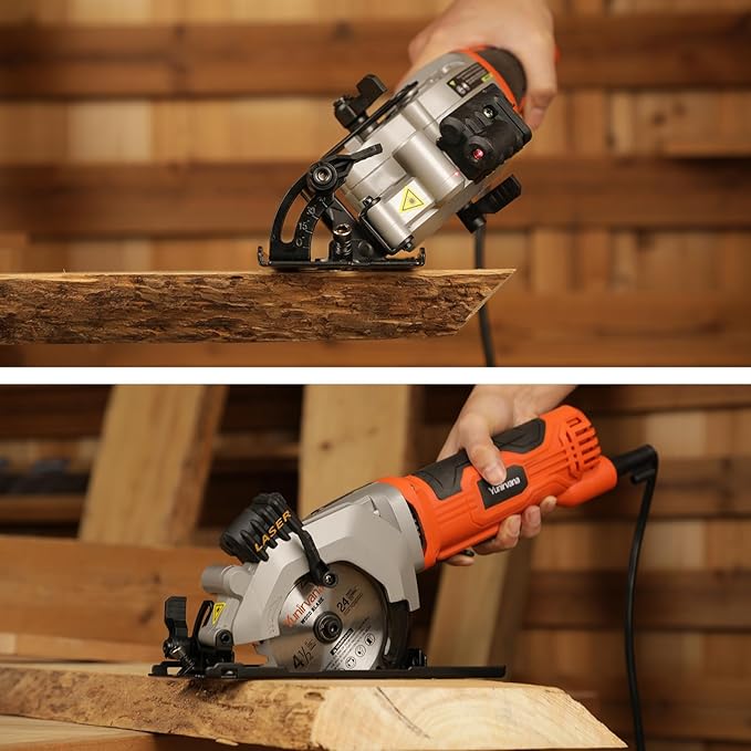 Yunirvana 4Amp 3500RPM Mini Circular Saw with Laser Guide, Vacuum Adapter, Blade Wrench and Rip Guide, Max. Cutting Depth1-5/8"(90°), 1-1/10"(45°）Compact Saw with 2 pcs 4-1/2" 24T TCT Blades