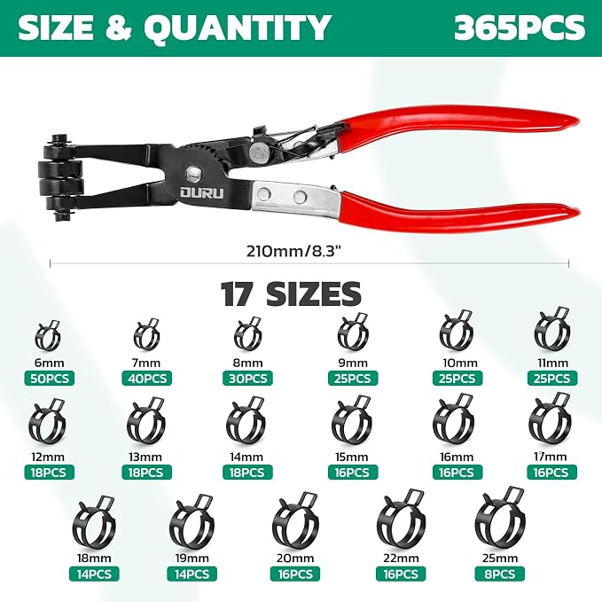 OURU 365PCS Spring Band Hose Clamps Assortment with Pliers,6-25mm,17 Sizes
