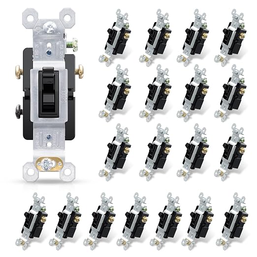 ELEGRP 3 Way Toggle Light Switch, 15 Amp, 120 V, Toggle Framed AC Quiet Switch, in Wall On/Off Switch Replacement, Self-Grounding, Residential and Commercial Grade, UL Listed (20 Pack, Glossy Black)