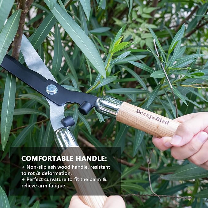Berry&Bird Garden Hedge Shears,19.88''Heavy Duty Pruning Shear for Trimming Borders and Bushes, Manual Hedge Clippers with Wooden Handles & Carbon Steel Sharp Blades Gardening Scissors