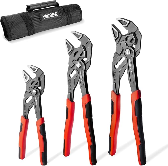 HAUTMEC 3PCS Adjustable Pliers Wrench Sets (7 10 12"), Smooth Jaw Parallel Pliers, Heat-Treated CR-V Steel & Phosphated Rust-Resistant, SAE/Metric Scale, Storage Belt Pouch for Professional & DIY