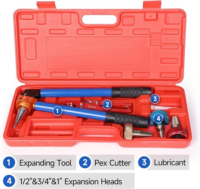 iCrimp Manual PEX Expander Tool Kit with Indexed Auto-Rotating Heads, Extendable Handle for 1/2", 3/4" & 1" ProPEX / F1960 Fittings, Includes Cutter & Lubricant