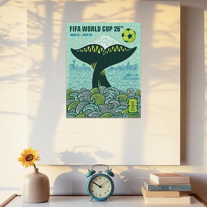 FIFA World Cup 2026 Seattle City Poster Wooden Puzzle for Adults, 200 Piece Unique Shape Jigsaw Puzzle, 5MM Thick, Officially Licensed Soccer Fan Collectible Gift, 9.3x11.8''