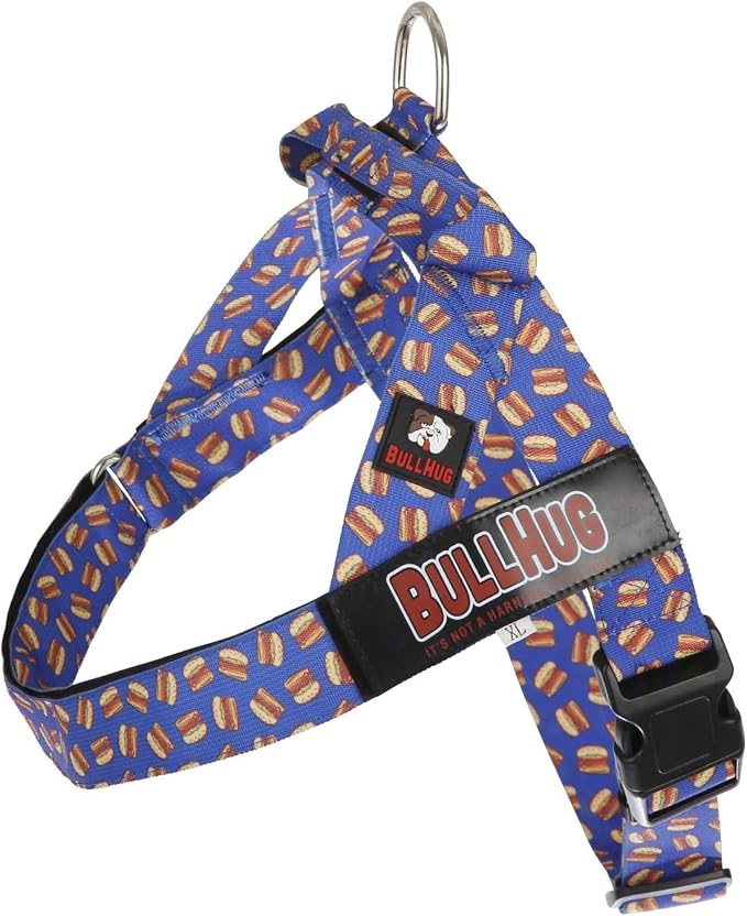 Adjustable Dog Harness– No Pull, No Choke – for English Bulldogs, French Bulldogs, Pugs & Broad-Chested Breeds – Easy, Safe Walks (Blue Burger, XS)