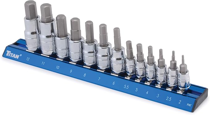 Titan 16124 13-Piece Metric Hex Bit Socket Set, Magnetic Socket Organizer with Laser-Etched Size Markings