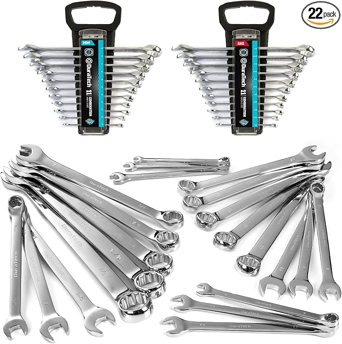 DURATECH Combination Wrench Set, SAE & Metric, 22-piece, 1/4-7/8" & 8-19mm | CR-V Steel, Organized in Wrench Holder
