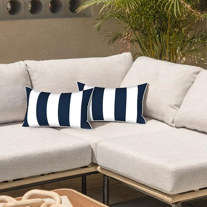 LVTXIII Set of 2 Outdoor Lumbar Pillows for Patio Furniture with White Piping, 12"x20" Fade Resistant Patio Lumbar Pillows with Inserts for Home Coach Sofa Use, Cabana Navy