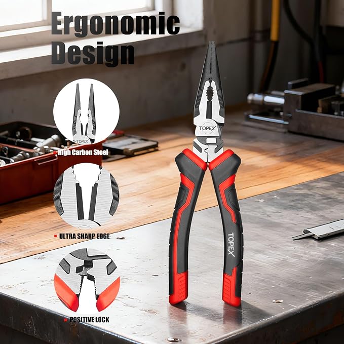TOPEX 4 Piece Pliers Set with Ergonomic Non-Slip Handle (190 mm Diagonal Cutters, 200 mm Combination Pliers, 200 mm Long Nose Plier, 250 mm Water Pump Plier) for Demanding Tasks & Home Use