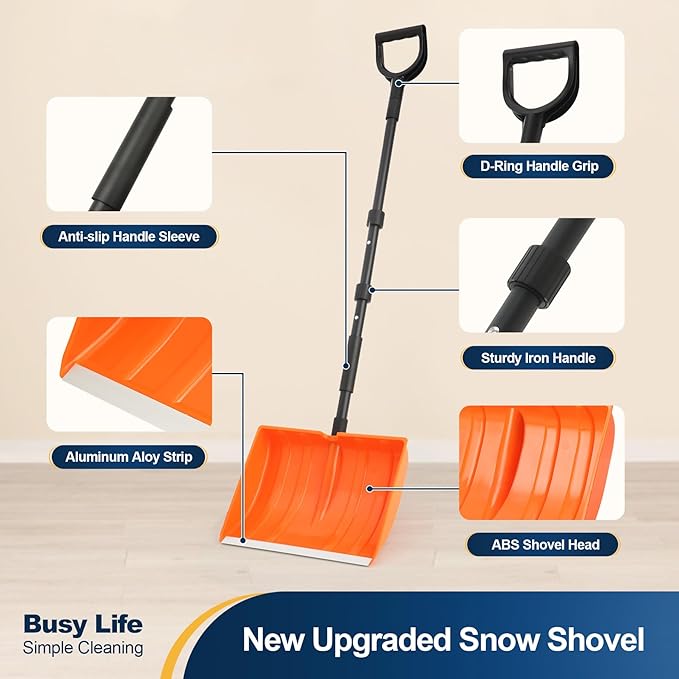 Yocada Snow Shovel 55" Long for Home Garage Driveway Snow Removal with D-Grip Handle Aluminum Strip Large Capacity Orange Shovel for Garden Car Camping Outdoor