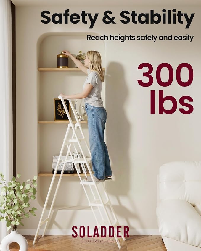 SOLADDER 5 Step Ladder, Folding Step Stool, White Foldable Iron Ladder for 10 Foot High Ceiling with Anti-Slip Wide Sturdy Pedal and Handgrip, Multi-Use for Home (300 lbs Capacity)