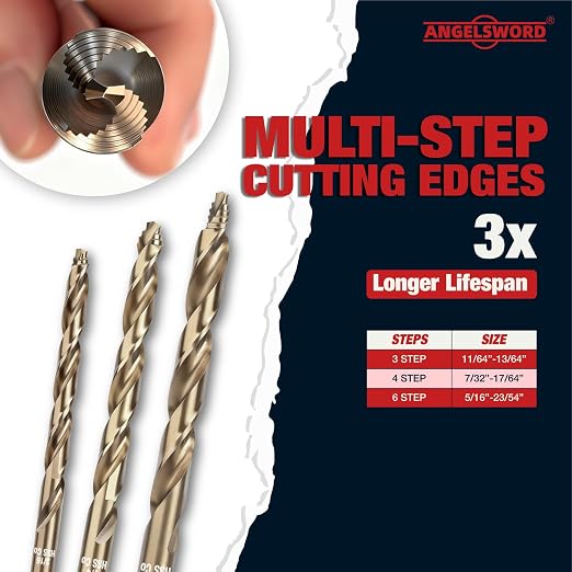 ANGELSWORD M35 Cobalt Stepped Point Tip Drill Bit, 3 PCS(3/16",1/4",5/16"), Titanium Coated Drill bit, for Steel, Cast Iron, Aluminum, Brass, Acrylics