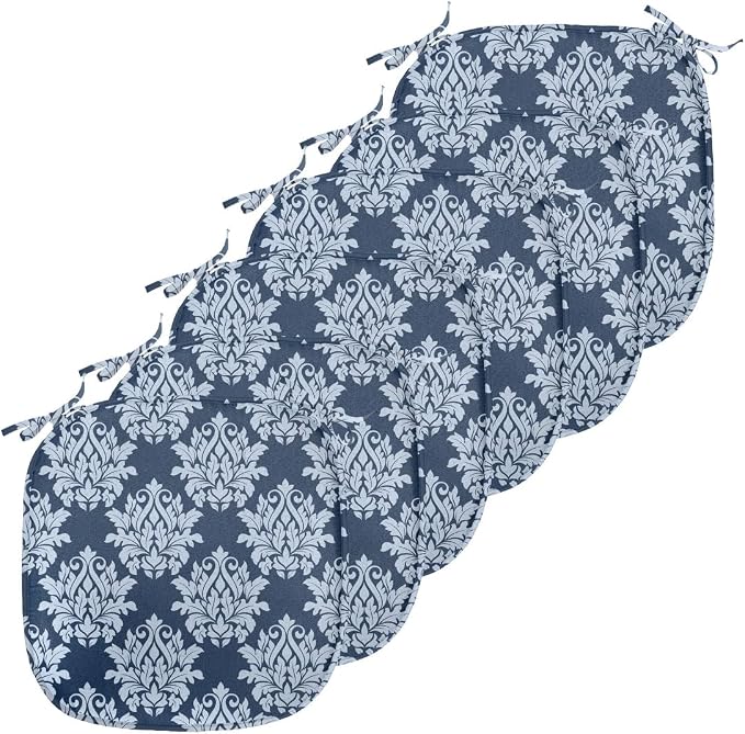 Lunarable Damask Blue Chair Seating Cushion Set of 6, Abstract Antique Royal Motif with Leaves and Swirls, Anti-Slip Seat Padding for Kitchen & Patio, 16"x16", Ceil Blue Violet Blue