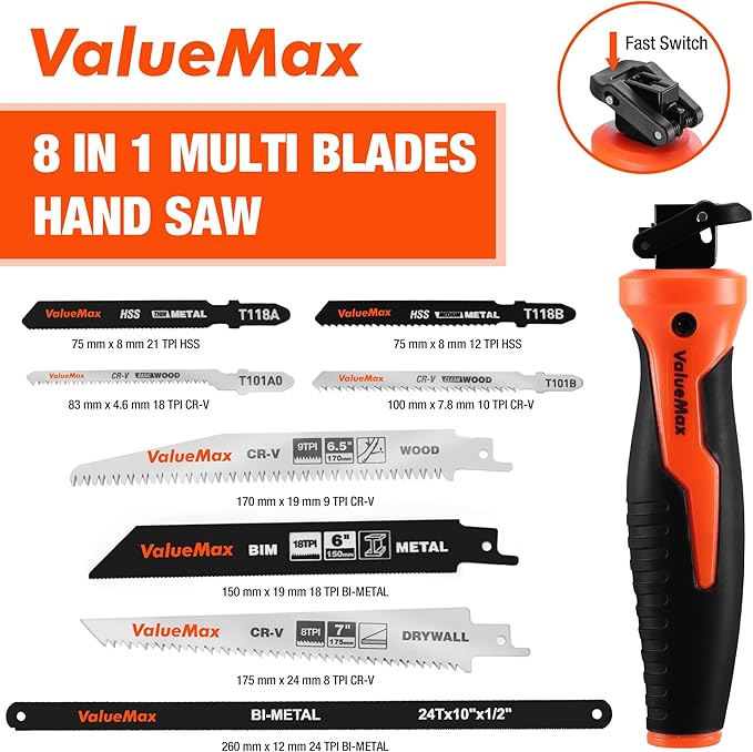 Valuemax 8-In-1 Multi-Blades Hand Saw, Quick-Change Mechanism Hacksaws with TPR Handle, Drywall/Jab/Pumpkin Carving Saw, CRV & Bimetal Blades, Handsaws for Wood, Metal, Plastic and Plywood