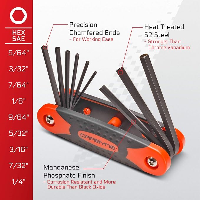 Carbyne 25-Piece Folding Hex (Allen) Key and Torx Wrench Set, SAE/Metric/Torx, S2 Steel, Manganese Phosphate Finish, Metric Hex 1.5-8mm, SAE Hex 5/64"-1/4", Torx T9-T40