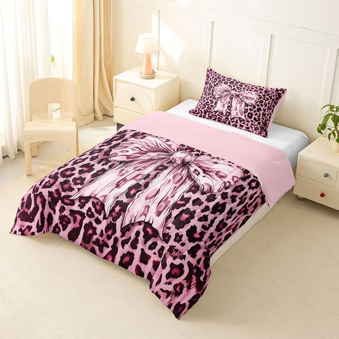 Feelyou Leopard Print Comforter Set Toddler Size Cute Pink Bow Bedding Set for Kids Boys Girls Cheetah Animal Fur Duvet Quilt Bedroom Decor Microfiber 2 Pcs with 1 Pillow Cases