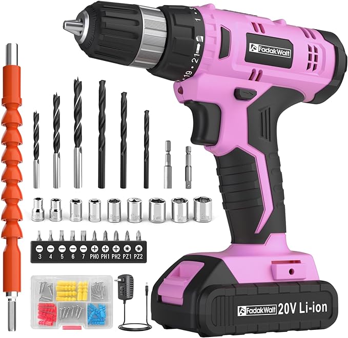 FADAKWALT Cordless Drill Set, 20V Electric Power Drill With Battery And Charger, 30N Torque, 21+1 Settings, 3/8-Inch Keyless Chuck, Driver Bits Kit, LED Light (Pink)