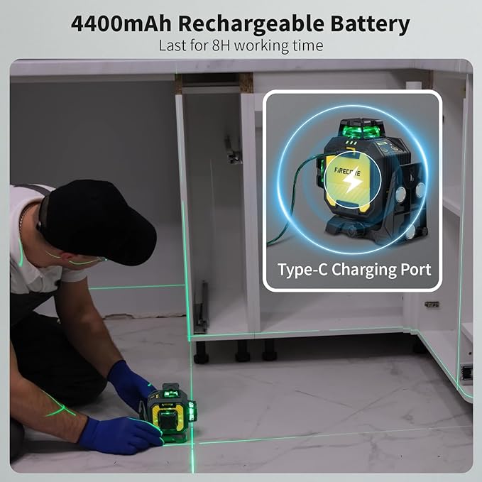 Firecore Laser Level with Receiver Kit, 1/13" High Accuracy, Laser Level 360 Self Leveling with Pulse Mode for Outdoor Up To 197ft, Rechargeable Green Line Laser for Home Renovation Construction-F93