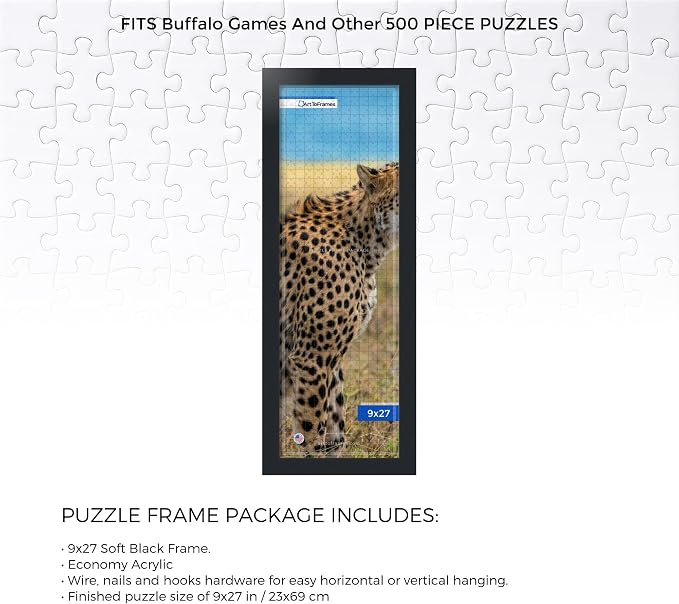ArtToFrames Puzzle Frame for Buffalo Games 500 Piece Jigsaw Puzzles, 9x27 Inch (23x69 cm), Soft Black Engineered Wood with Economy Acrylic, Ready to Hang Puzzle Display