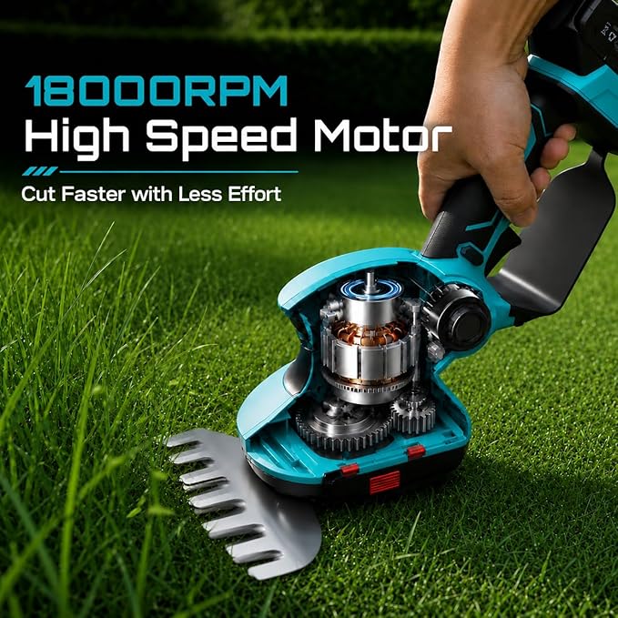 Seesii 20V Cordless 2-in-1 Hedge Trimmer: 12" Shrub Trimmer & 6" Grass Shears, Dual-Action SK5 Blades, 2 x 2.0Ah Batteries, Rotating Handle, 1/2" Cut Capacity for Small Yards, Bushes and Lawn Edges