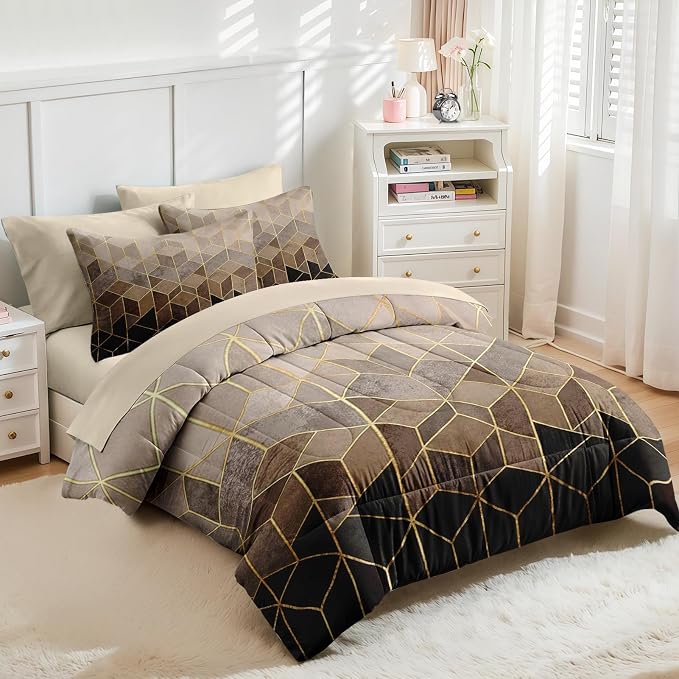 Nesker Comforter Set King Size, Black Golden Gradient Cubic 7 Pcs Bedding for Kids and Adults, Brown Modern Geometric Bed Sheet Sets with Fitted Sheet 2 Pillowcases & 2 Shams