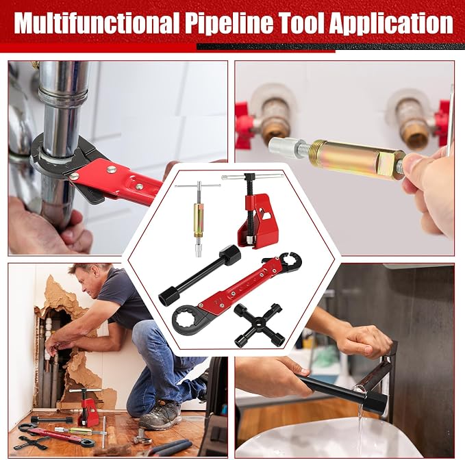 5 Pcs Angle Stop Wrench Kit Plumbing Tool, Compression Sleeve Puller for 1/2" Compression Fittings, Ferrule Puller Removal Tool for 1/2" Copper Tubing Nut, 4-way Multi-functional Utility Key