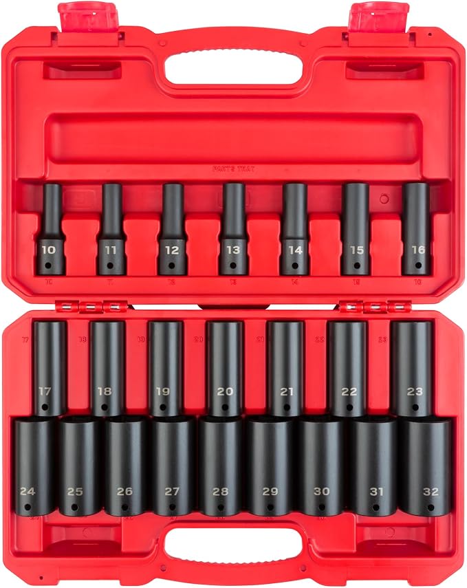TEKTON 1/2 Inch Drive Impact Socket Set, 23-Piece | SID92330 | (10 - 32 mm), Deep, 6-Point, Case