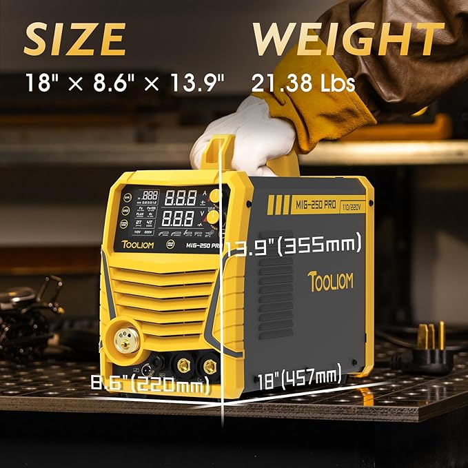 TOOLIOM Aluminum MIG Welder with Pulse 250A 110V/220V Dual Voltage 6 in 1 Multifunctional Welding Machine Pulsed MIG/Gas MIG/Flux Core/Spool Gun MIG/Lift TIG/Stick
