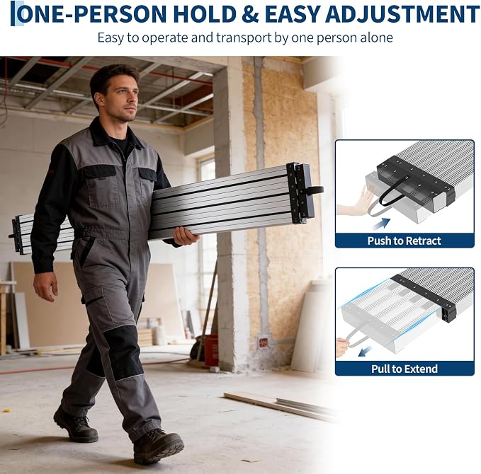 Garvee Aluminum Work Plank with Anti-Slip Texture, 6-9 ft Telescoping Plank, 440 Lb Capacity Heavy-Duty Scaffolding Platform, Portable Ladder Accessory for Indoor & Outdoor Work