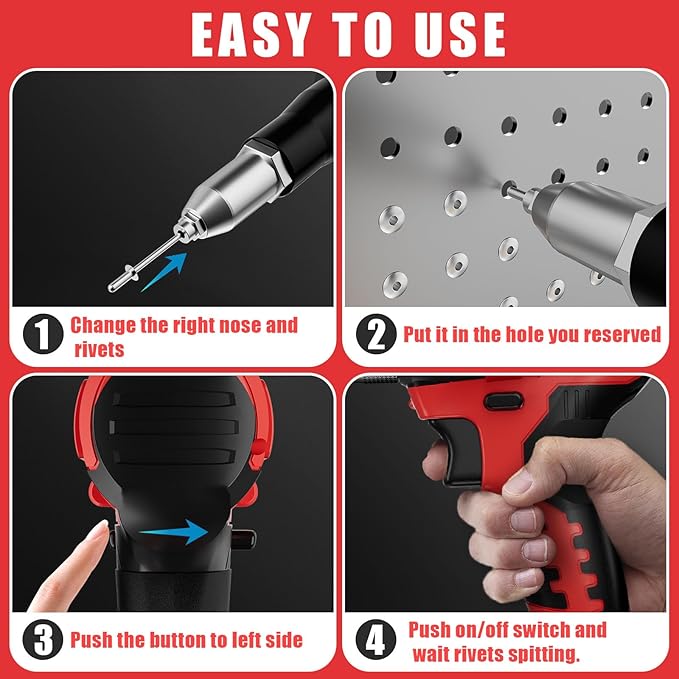 Cerycose Rivet Gun Compatible with Milwaukee 18V Battery, Cordless Rivet Tool with 3 Size (1/8", 5/32", 3/16") Aluminum Rivets, Brushless Motor Rivet Gun Kit Nose Piece, Led Light, Tool Only