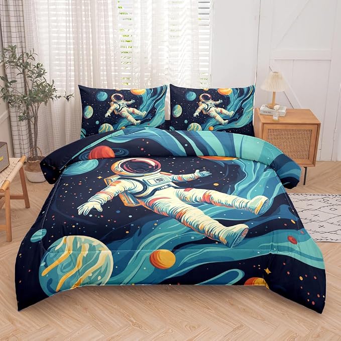 Space Astronaut Comforter Set Twin,Boys Twin Space Bedding Set 5 Pieces,Twin Comforter Set for Kids,Galaxy Comforter with Astronaut Patterns