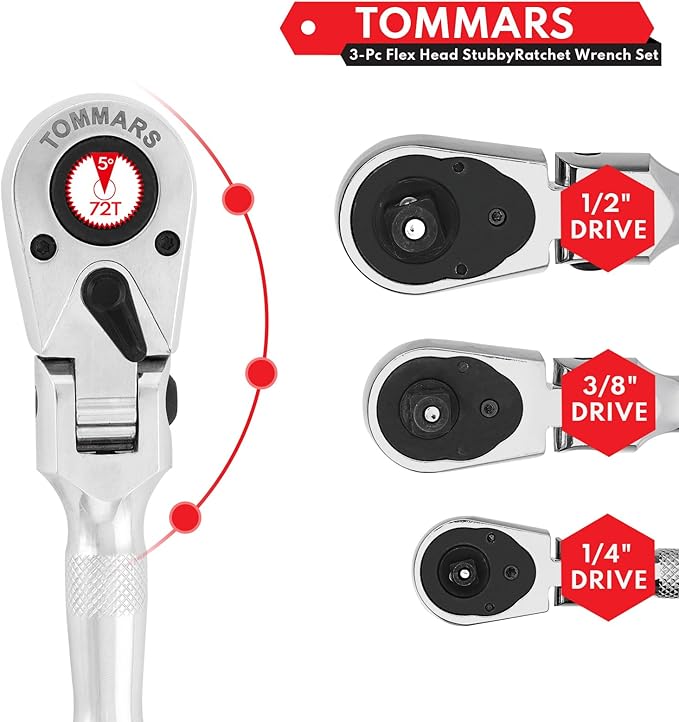 TOMMARS Flex-Head Stubby Ratchet Set, 1/4", 3/8", 1/2" Drive Flexible Mini Small Ratchet Handle Wrench 72-Tooth Quick-Release Reversible Gift for Men Mechanic Hand Tools