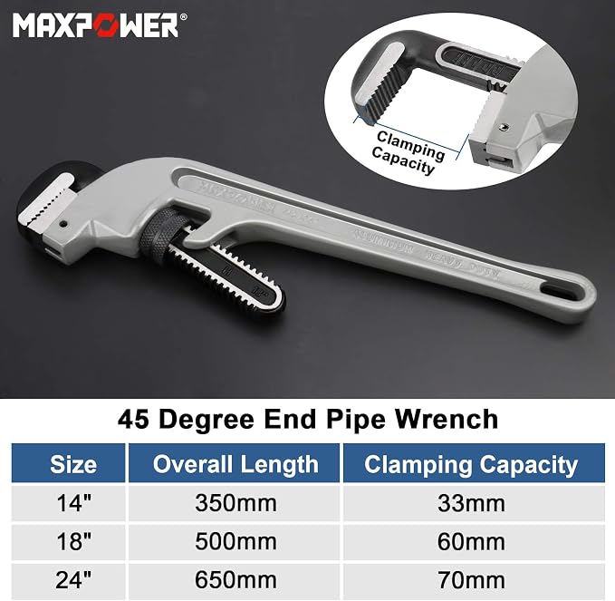 MAXPOWER 18-inch Pipe Wrench, 45 Degree Angled Cr-Mo Jaw, 2.36” Opening | Aluminum Plumbing Wrench, Heavy Duty Offset Pipe Wrench for Tight Spots
