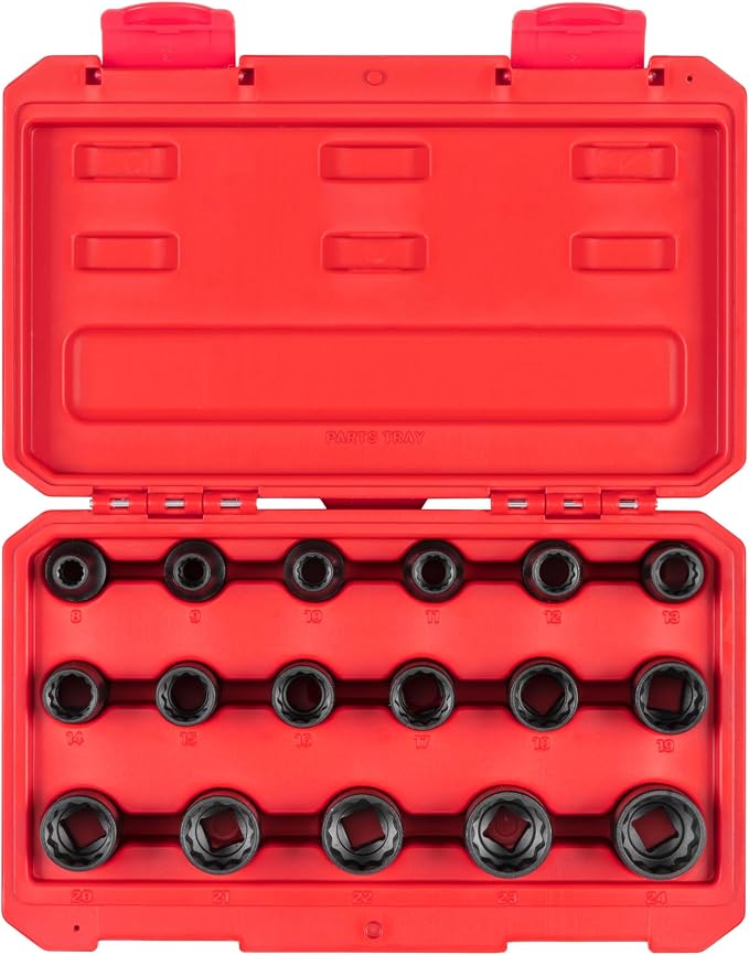 TEKTON 1/2 Inch Drive Impact Socket Set, 17-Piece | SID92338 | (8 - 24 mm), Shallow, 12-Point, Case