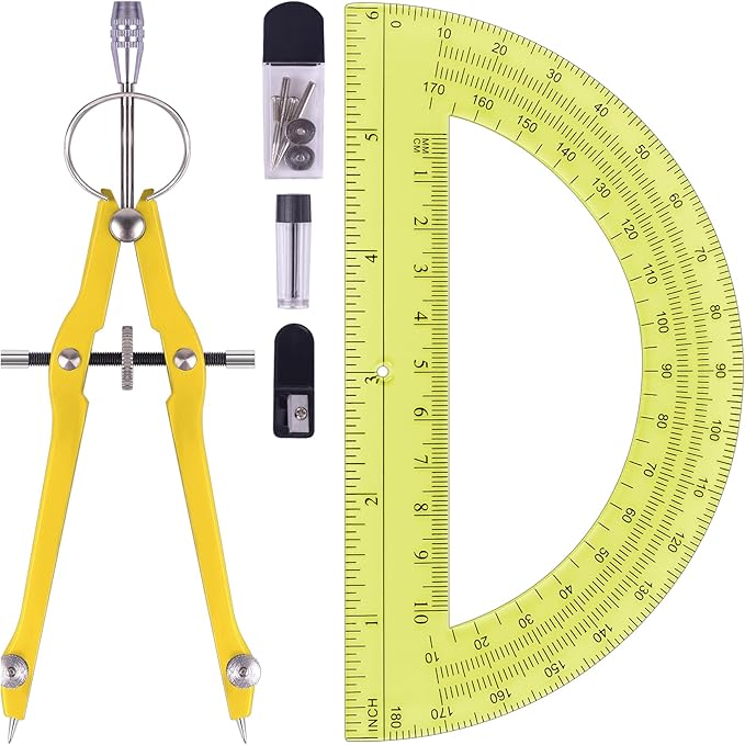Unjoo Compass and Protractor Set, Professional Drawing Compass Tool, Metal Compass with Extra Refills, Compass for Geometry and 6 Inch Math Protractors 180 Degree (Yellow)