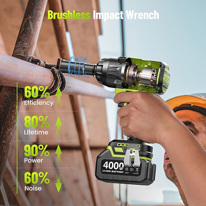 Robustrue 1400N.m (1032ft-lbs) Cordless Impact Wrench, 1/2" Brushless High Torque Impact Gun, 11Pcs Tire Repair Kit, 2x4000 mAh Batteries, Fast Charger, Impact Driver for Car Home/Truck RV/Mower