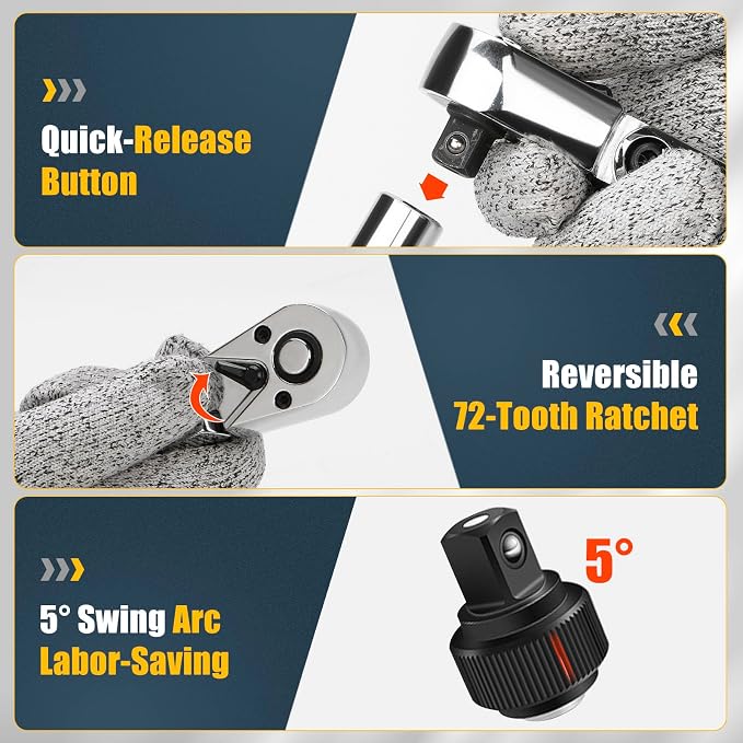 YIYEIE 3/8" Drive Flex Head Ratchet, 72 Tooth Swivel Head Ratchet, Quick-Release, CR-V Steel, Flexible Ratchet Wrench with EVA Foam | 10 Inch Long