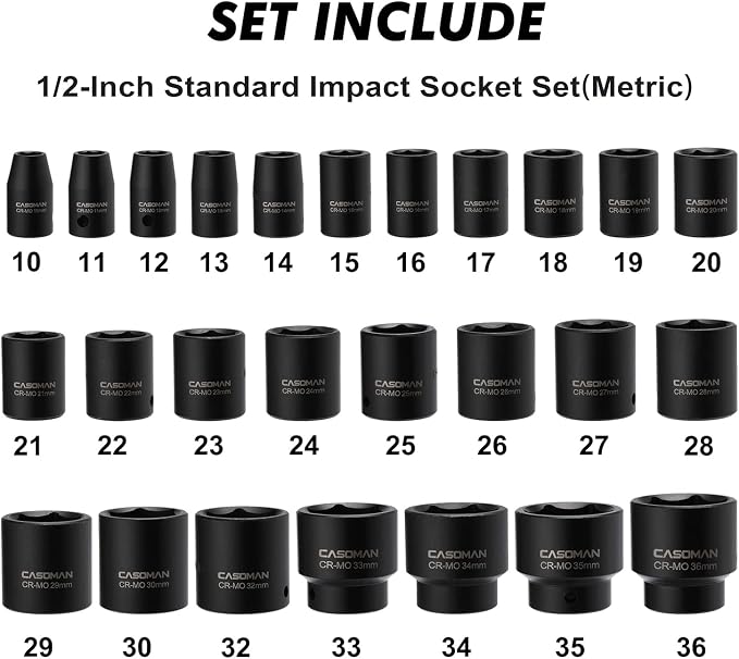 CASOMAN 26 Piece 1/2 Inch Drive Impact Socket Set,Metric,Shallow,10mm to 36mm, Cr-Mo Alloy Steel, Radius Corner Design, Impact Grade
