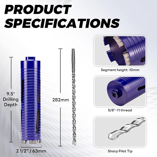 2-1/2" Core Drill Bit with Pilot Bit & Adapters(SDS Plus and 1/2" Hex), 5/8"-11 Thread, 9.5" Depth, Upgraded-Welded Segments Diamond Core Bits for Concrete, Masonry, Brick Block