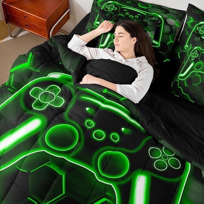 Erosebridal Gamer Comforter Set 7-Piece Bed in a Bag Twin, Neon Honeycomb Gaming Bedding Sets Game Boy Games Comforter and Sheet Set, Green Hexagon Lights Room Decor,Boys Bedroom Decor