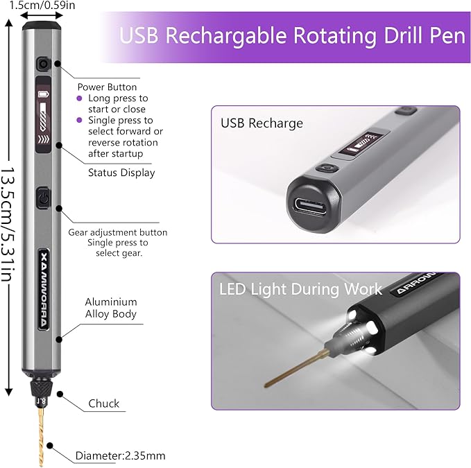 Mini Electric Drill Pen with Benchtop Press, 5-Speed, 10 Small Drill Bits with Aluminium Box, LED Lights, OLED Display, Resin Drill Set For Jewelry Making, Plastic, Wood (SDS ULTRA PLUS)